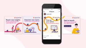 A set of illustrations, one on a mobile, promoting the Log My Care App. The illustrations show a person using the app.