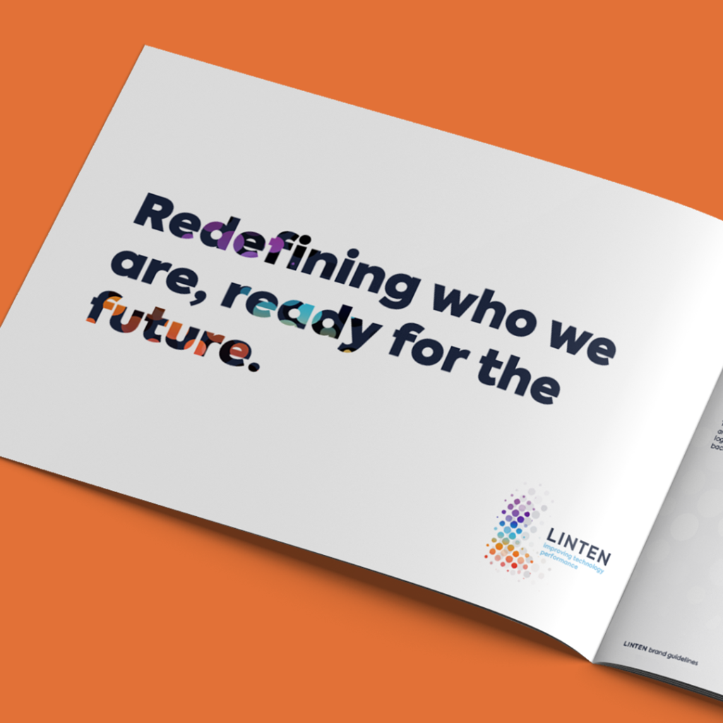 An open brochure with a statement reading 'Redefining who we are, ready for the future.' This is for Linten.
