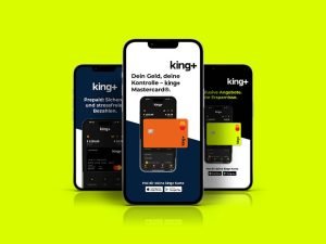 Three smartphones showing the king+ finance app with a Mastercard card, on a neon yellow background.