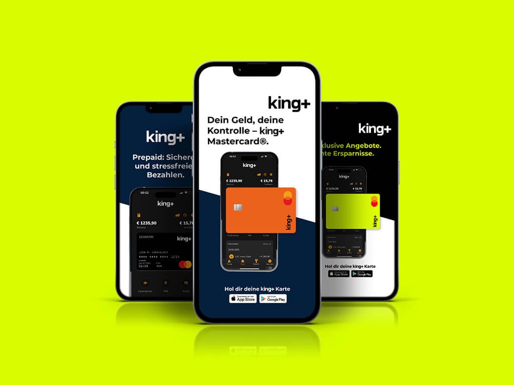 Three smartphones showing the king+ finance app with a Mastercard card, on a neon yellow background.