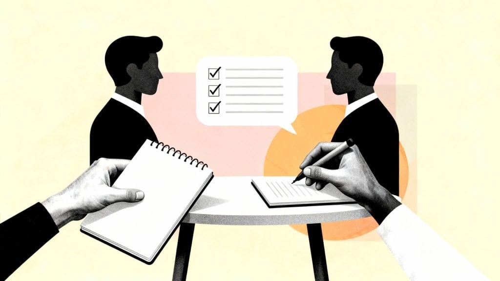 A flat illustration of two simple profile icons or abstract figures facing each other across a small table